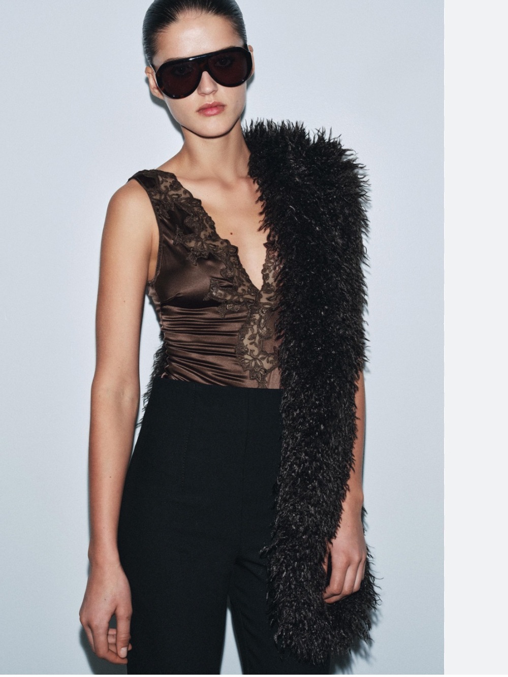 New with tags Zara Satin Lace V-Neck Bodysuit in Brown